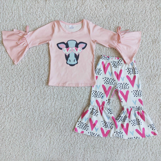 Promotion 6 A15-29 Baby Girl Kids Western Cow Heart Valentine's Pink Outfit