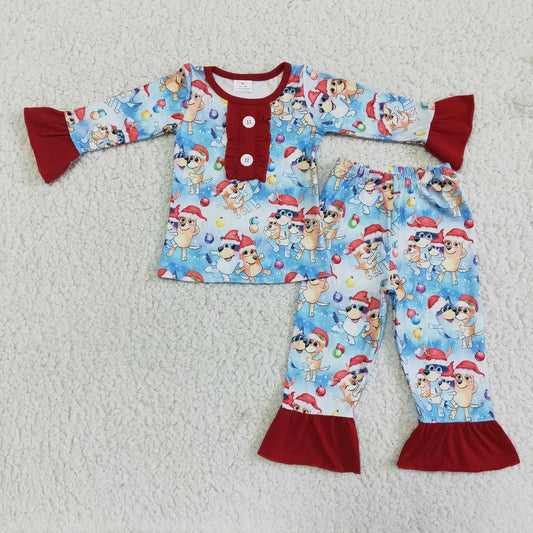 Promotion Baby Boy Long Sleeves Christmas Dog Shirt Pants Pajamas Blue Set