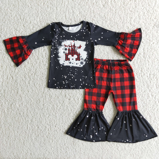 Promotion Baby Girl Long Sleeves Castle Christmas Bell Pants Set