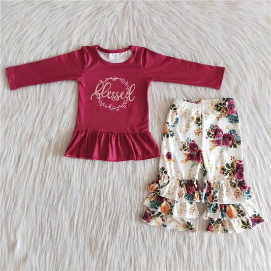 Promotion Baby Girl Long Sleeves Floral Ruffle Pants Outfit