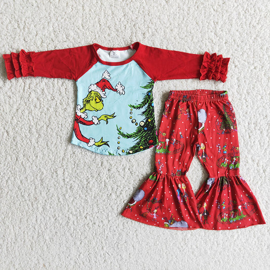 Promotion 6 A17-14 Baby Girl Long Sleeves Christmas Face Bell Pants Outfit