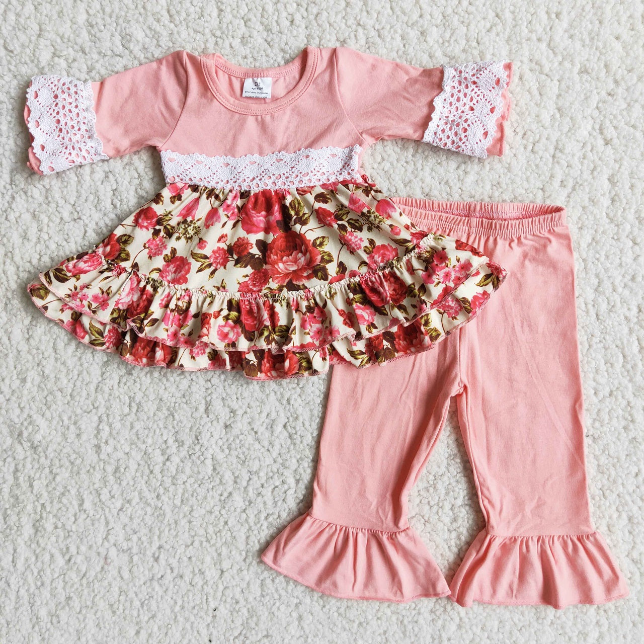 Promotion Baby Girl Short Sleeves Flower Tops Pink Cotton Ruffle Pants Outfit