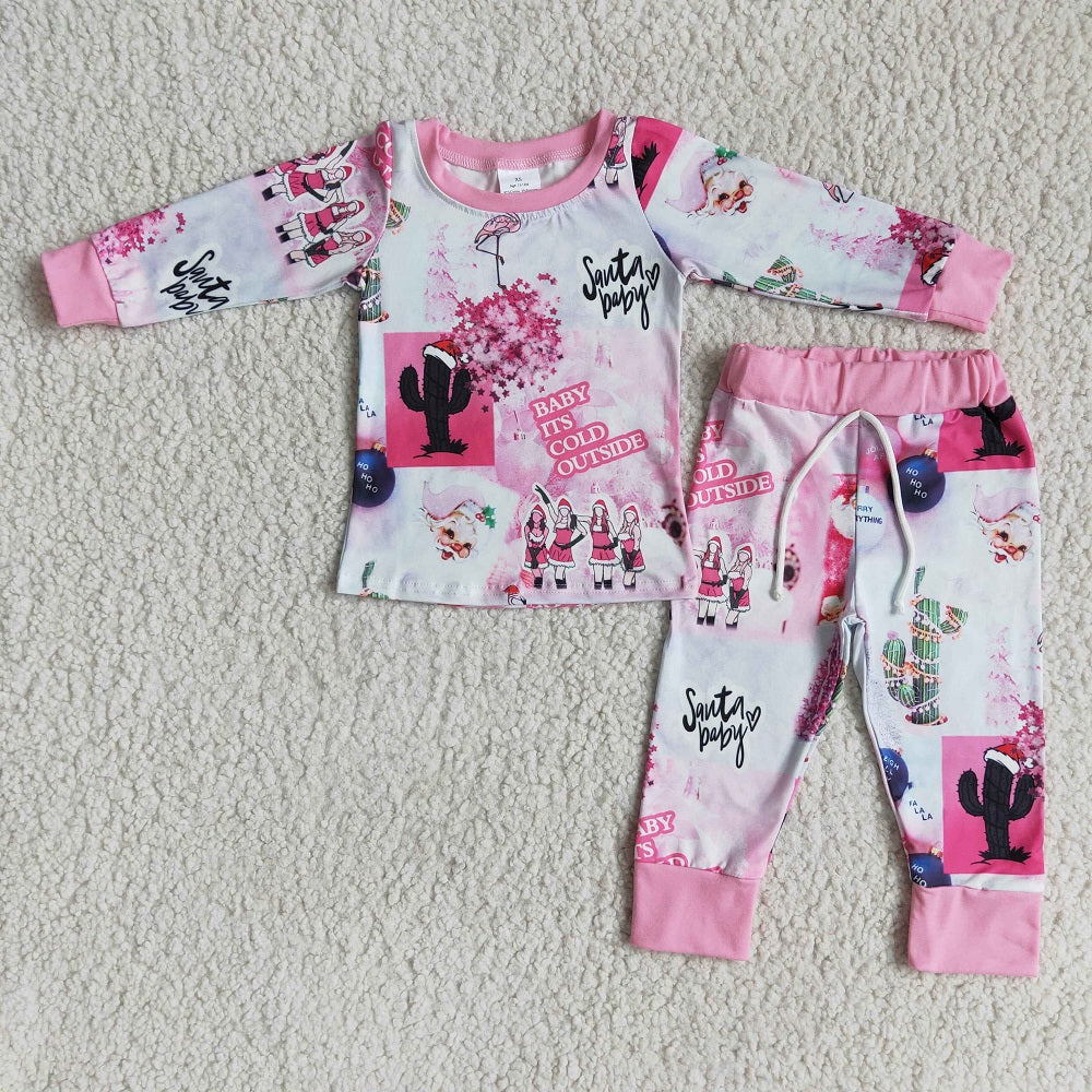 Promotion 6 A17-4 Baby Girl Long Sleeves Shirts Pants Christmas Pink Pajamas Outfit