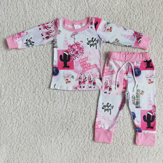 Promotion Baby Girl Long Sleeves Shirts Pants Christmas Pink Pajamas Outfit RTS