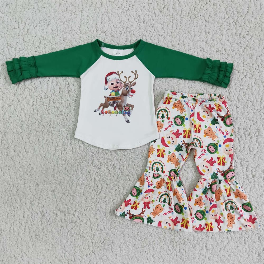 Promotion Baby Girl Long Sleeves Melon Reindeer Bell Pants Christmas Outfit