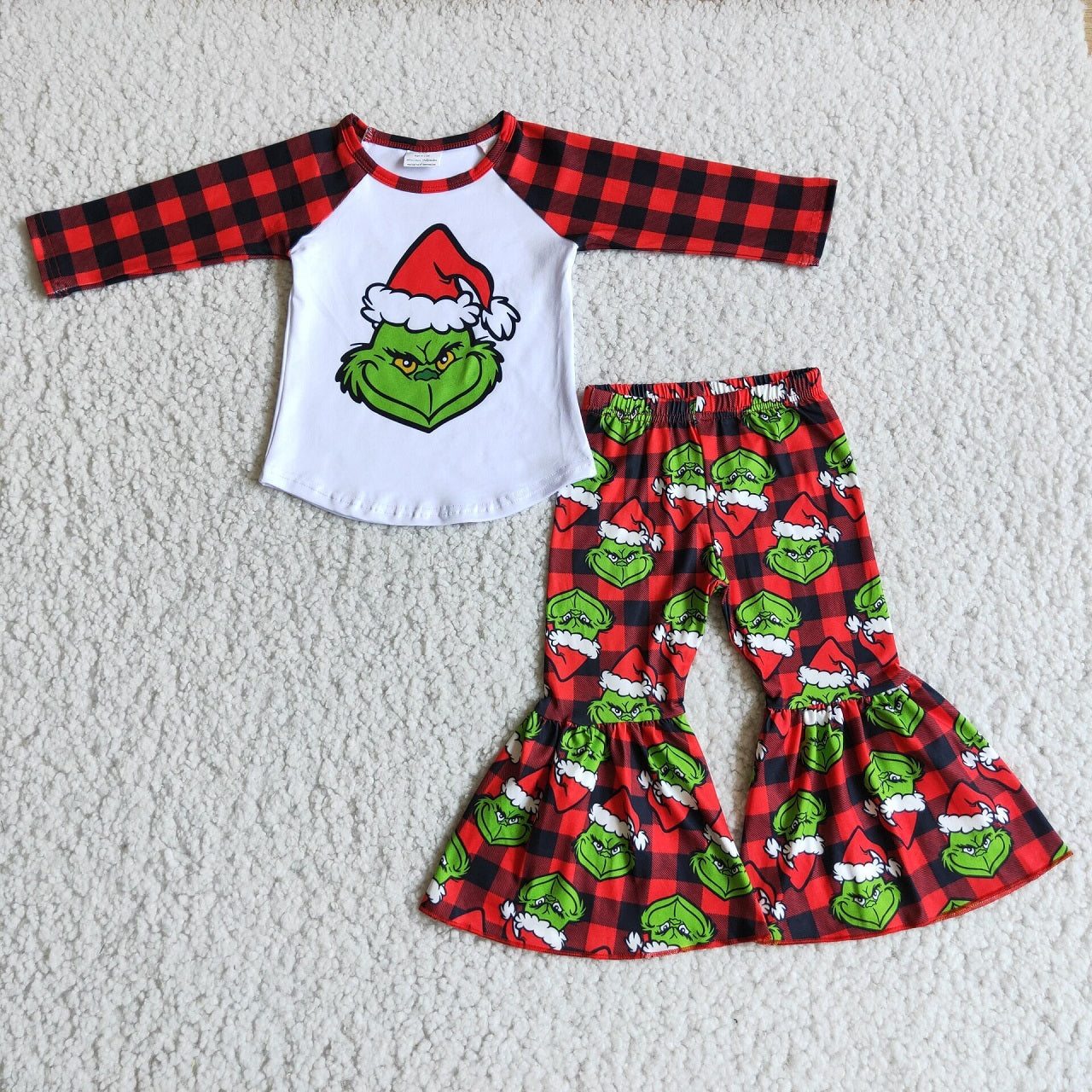 Promotion Baby Girl Long Sleeves Christmas Frog Shirt Plaid Bell Pants Set