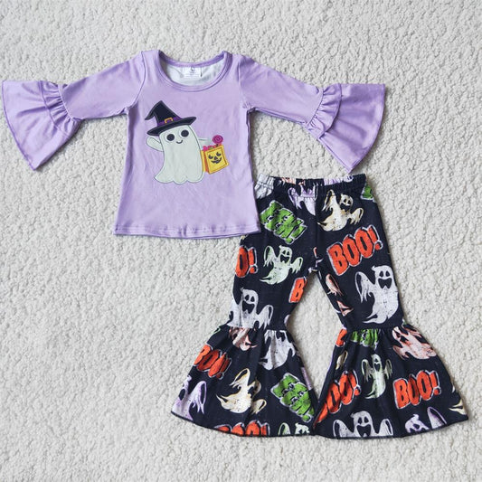 Promotion 6 A19-12 Baby Girl Halloween Ghost Bell Pants Purple Outfit