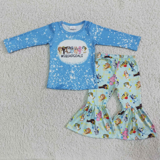 Promotion 6 A19-4 Baby Girl Long Sleeves Dogs Pants Blue Outfit