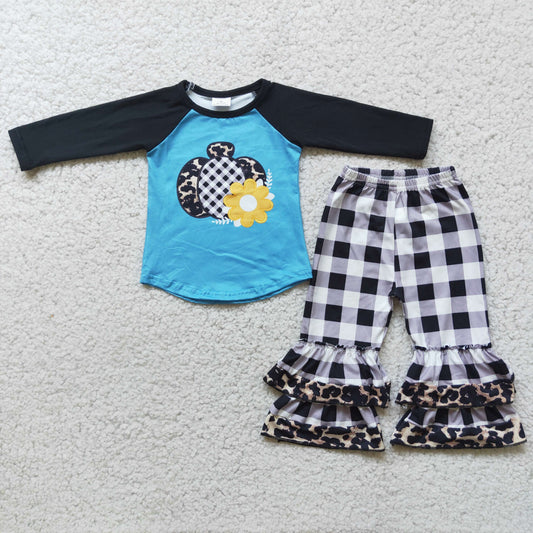 Promotion Baby Girl Long Sleeves Pumpkin Flower Tops Ruffle Plaid Pants Outfit RTS
