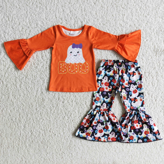Promotion Halloween Baby Girl Long Sleeves Boo Ghost Bell Pants Outfit