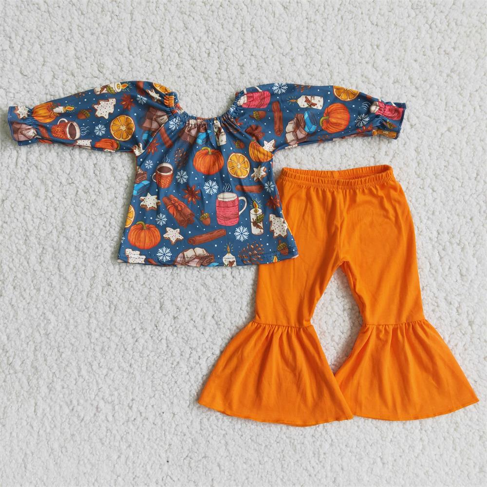 Promotion 6 A2-29 Baby Girl Long Sleeves Pumpkin Orange Bell Pants Fall Outfit