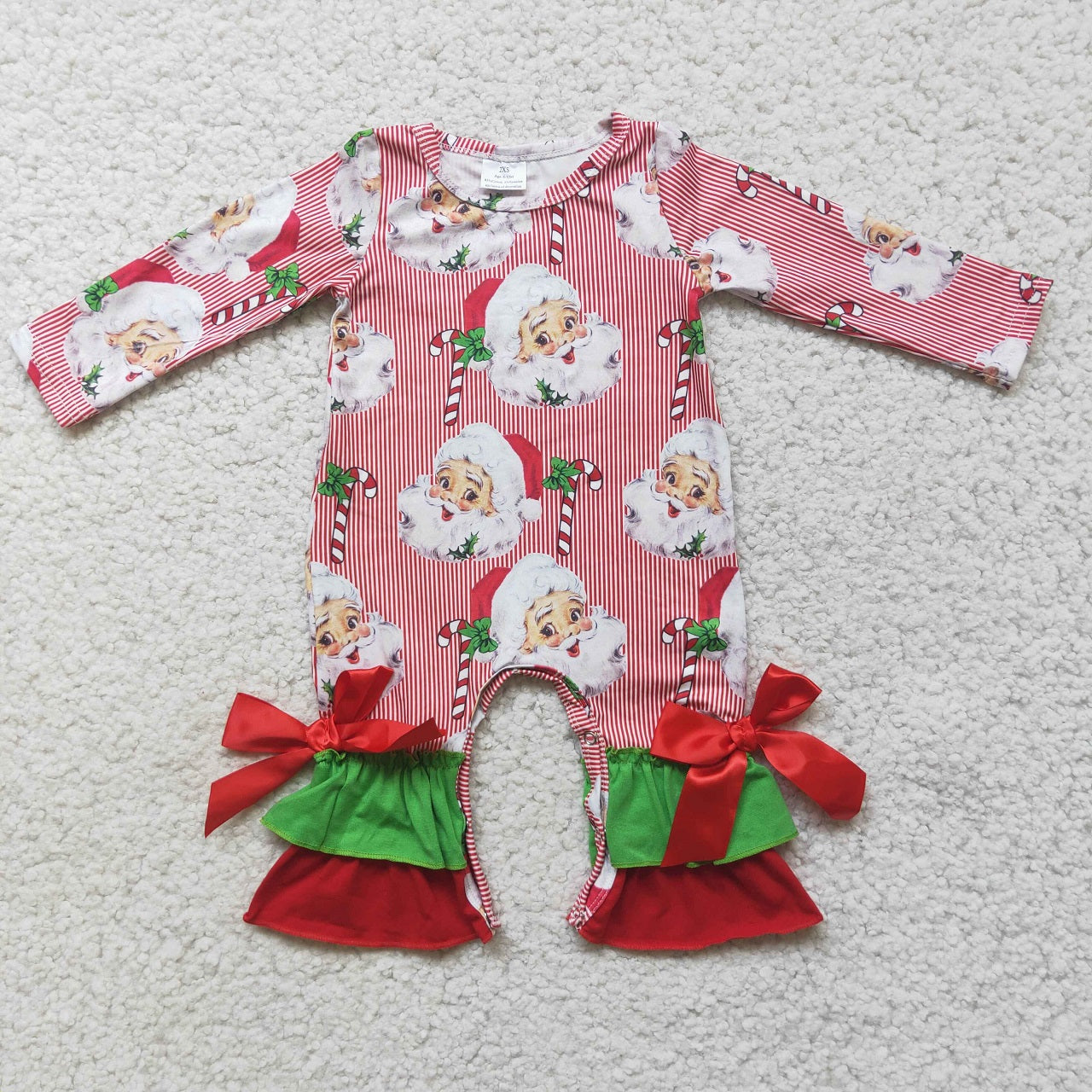 Promotion Baby Girl Long Sleeves Christmas Santa Red Stripes Ruffle Romper