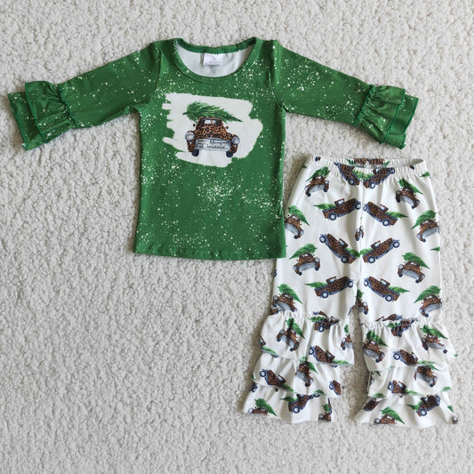 Promotion Baby Girl Christmas Tree Green Shirt Ruffle Pants Outfit