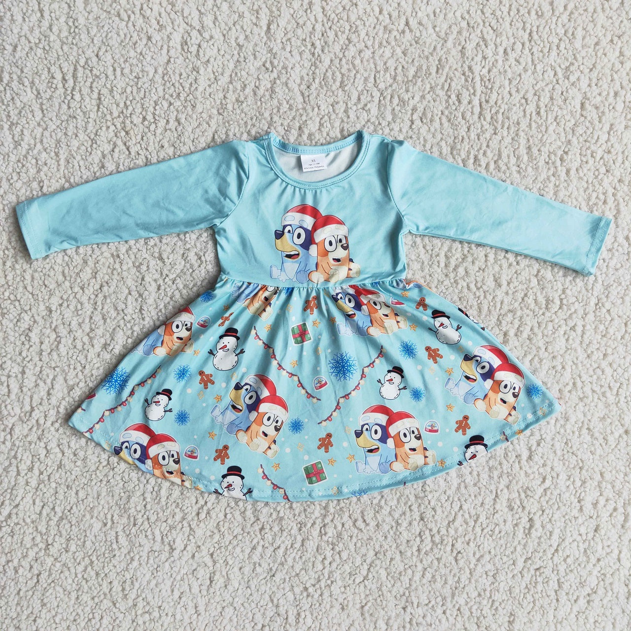 Promotion Baby Girl Long Sleeves Christmas Dog Blue Dress