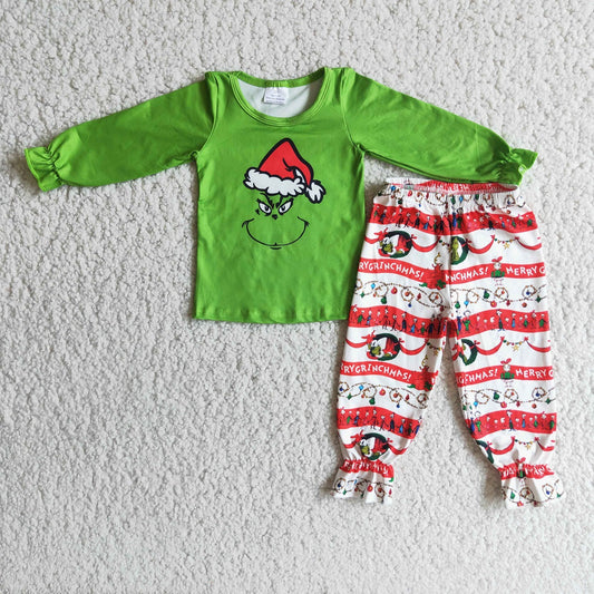 Promotion Baby Girl Christmas Long Sleeves Green Face Pants Outfit