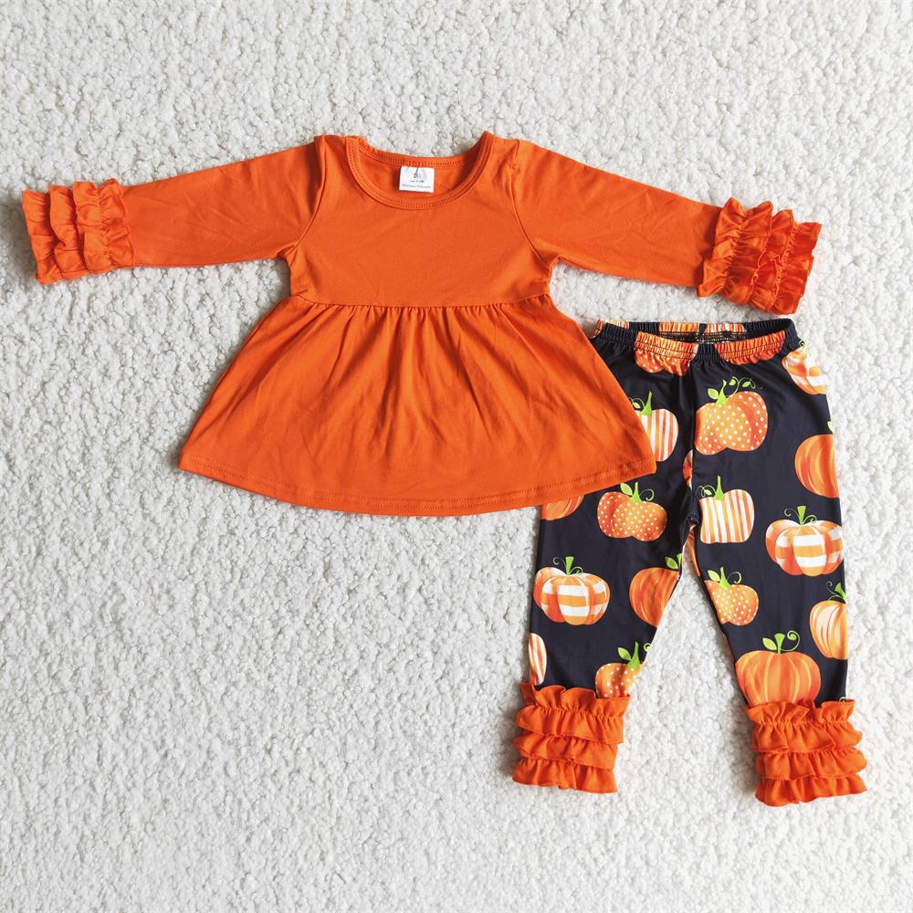 Promotion 6 A21-12 Baby Girl Orange Cotton Long Sleeves Pumpkin Ruffle Pants Outfit