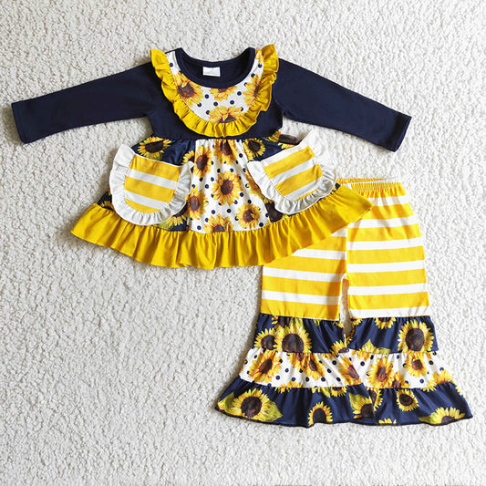 Promotion 6 A22-28 Baby Girl Sunflower Pocket Bell Pants Set