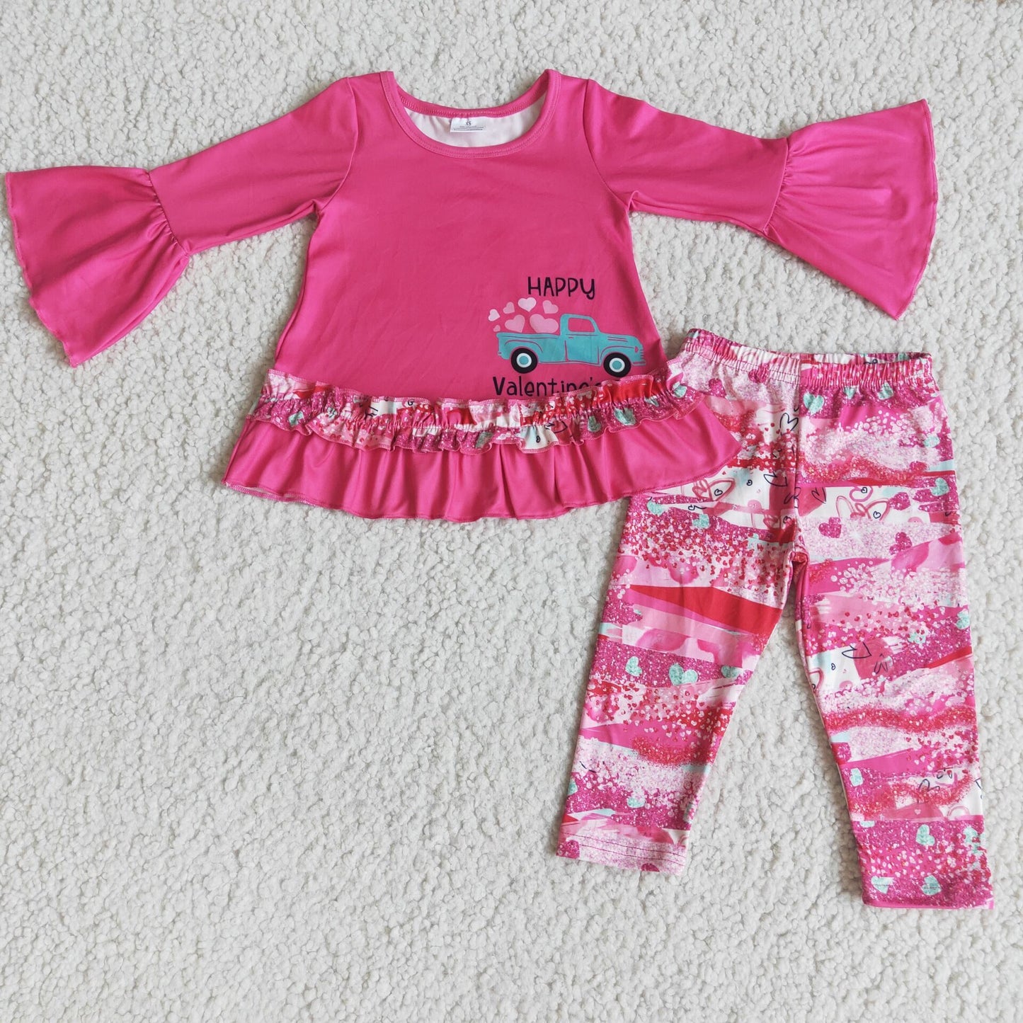 Promotion Baby Girl Valentine's Day Truck Tunic Hearts Bell Pants Set RTS