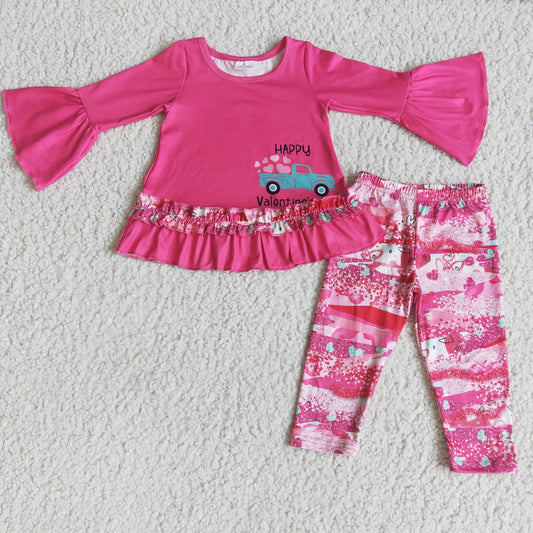 Promotion Baby Girl Valentine's Day Truck Tunic Hearts Bell Pants Set RTS