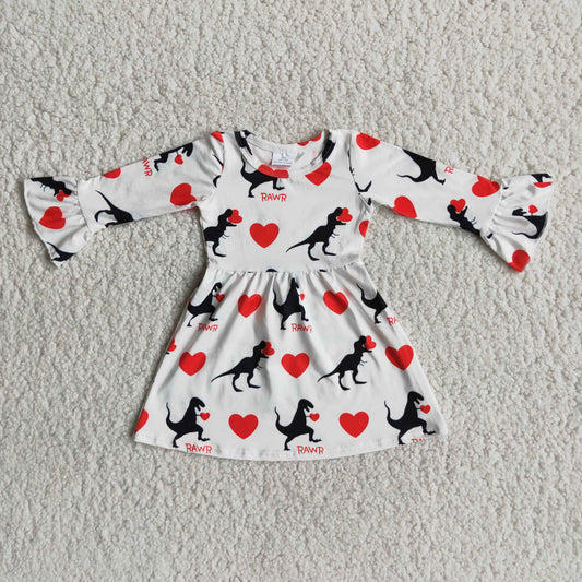 Promotion Baby Girl Long Sleeves Dinosaurs Hearts Valentine's Day Dress RTS