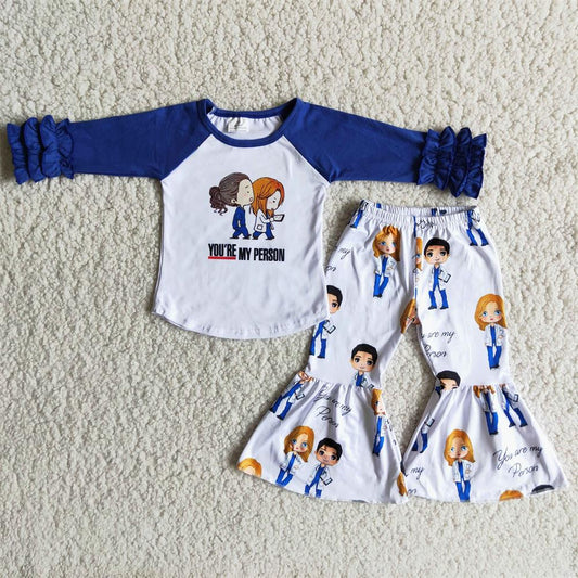 Promotion Baby Girl Blue Long Sleeves Bell Pants Outfit