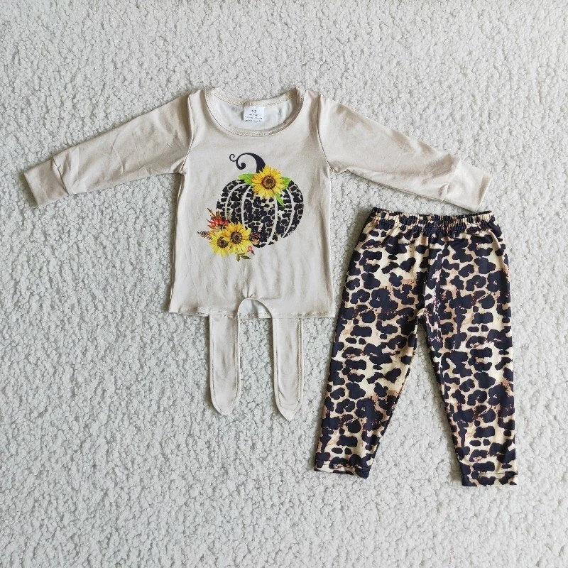 Promotion Baby Girl Long Sleeves Pumpkin Sunflower Leopard Pants Outfit