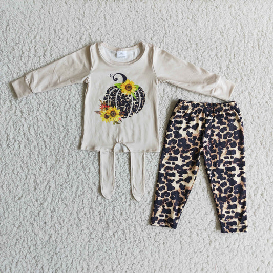 Promotion Baby Girl Long Sleeves Pumpkin Sunflower Leopard Pants Outfit