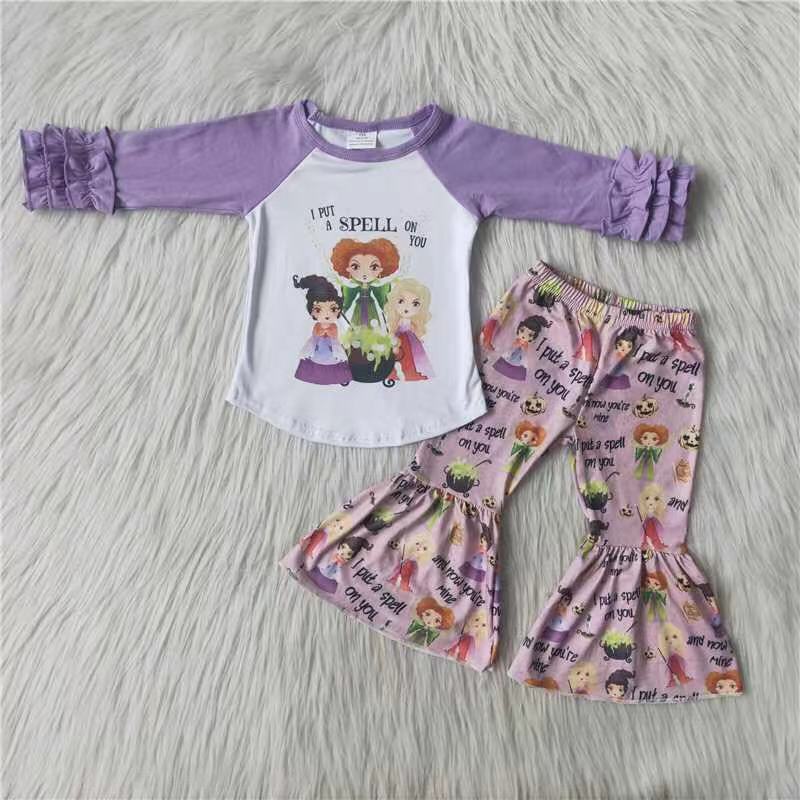 Promotion Baby Girl Purple Long Sleeves Halloween Bell Pants Outfit RTS