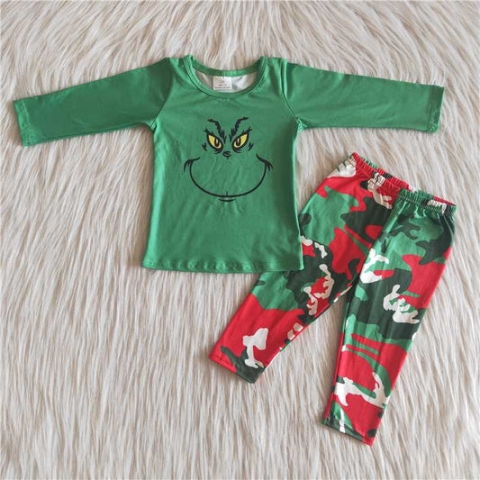 Promotion Baby Boy Green Long Sleeves Face Shirt Christmas Camo Pants Outfit