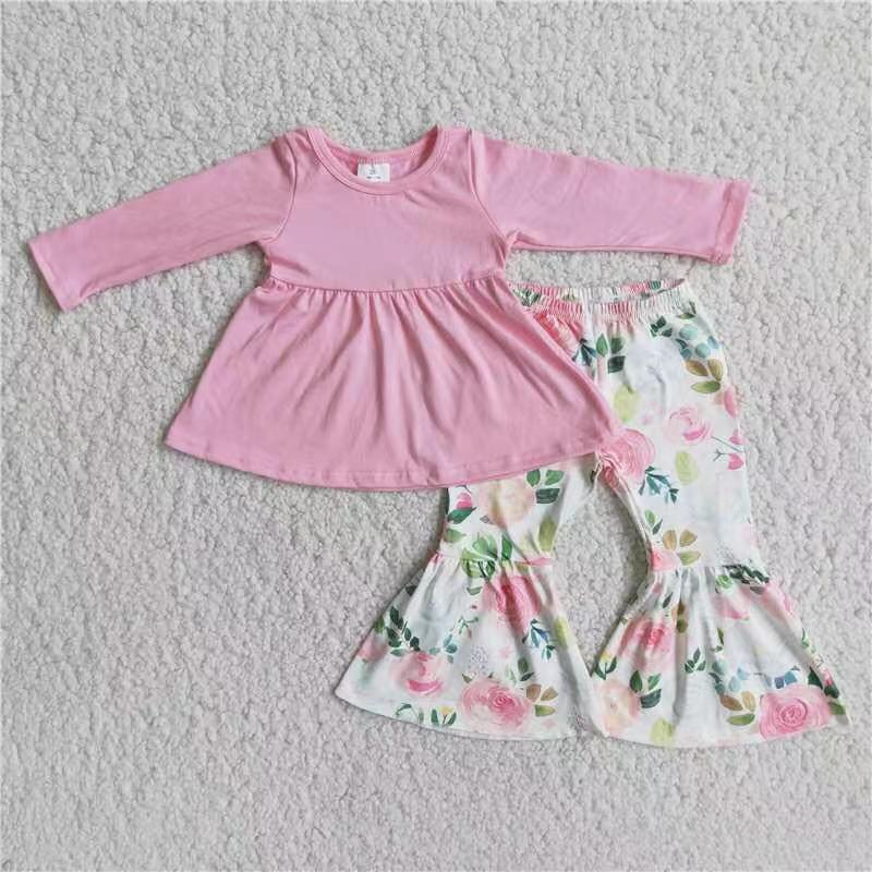 Promotion 6 A24-27 Baby Girl Pink Cotton Tunic Floral Bell Pants Set