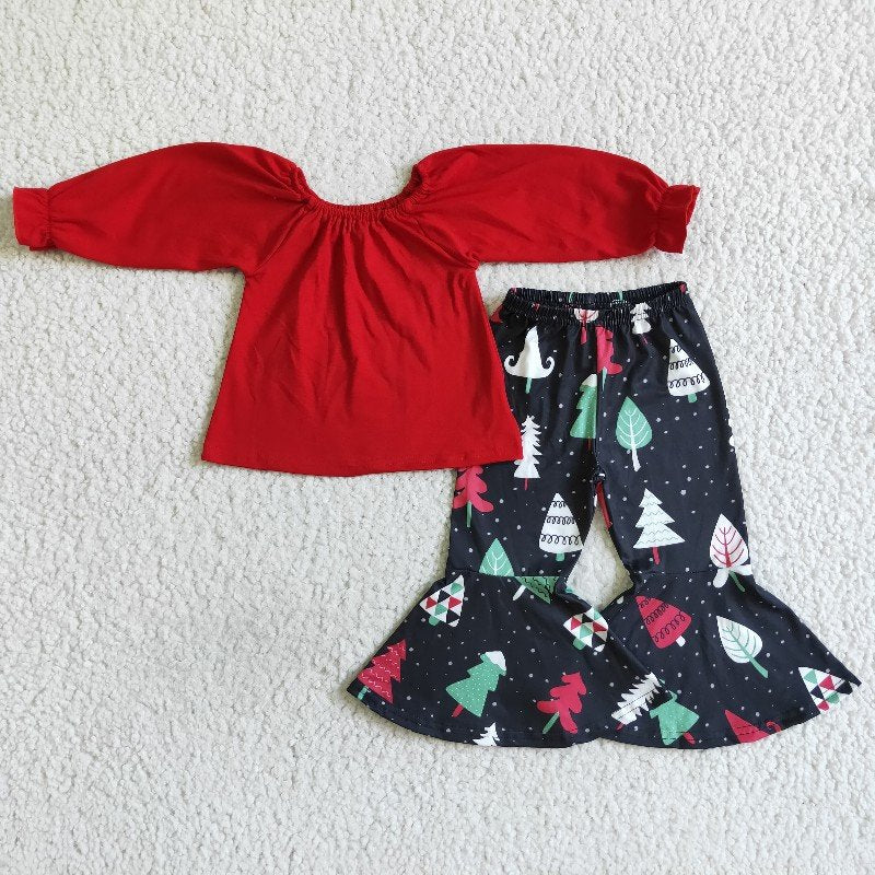 Promotion Baby Girl Red Cotton Long Sleeves Tops Christmas Tree Bell Pants Outfit