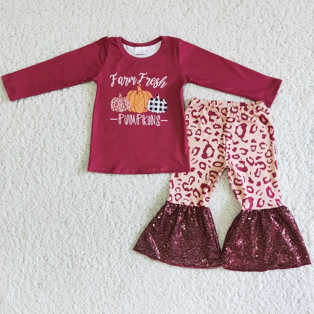 Promotion 6 A25-14 Baby Girl Farm Fresh Pumpkin Shirt Leopard Sequins Bell Pants Outfit