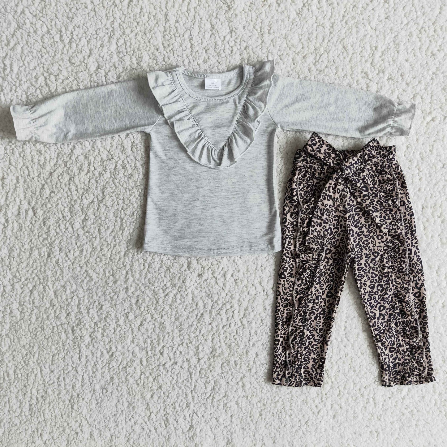 Promotion Baby Girl Ruffle Long Sleeves Grey Cotton Shirt Leopard Pants Outfit