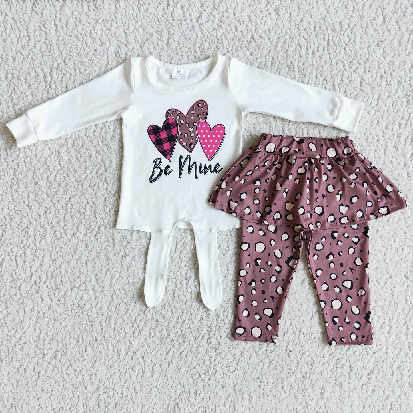 Promotion Baby Girls Kids Long Sleeves Hearts Shirt Leopard Skirt Pants Valentine's Set RTS