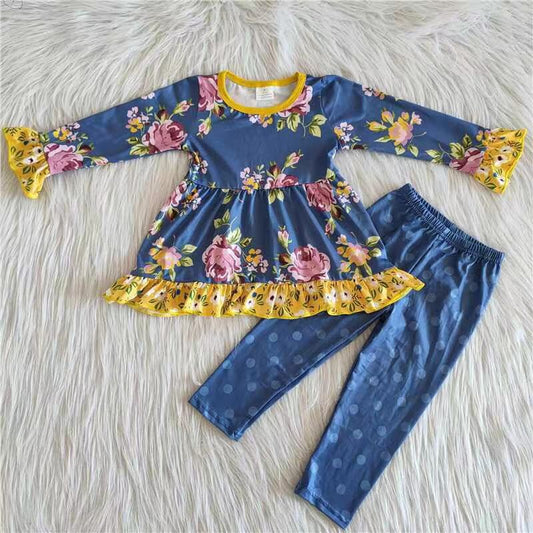 Promotion Girl Long Sleeves Floral Tunic Dots Pants Blue Outfit