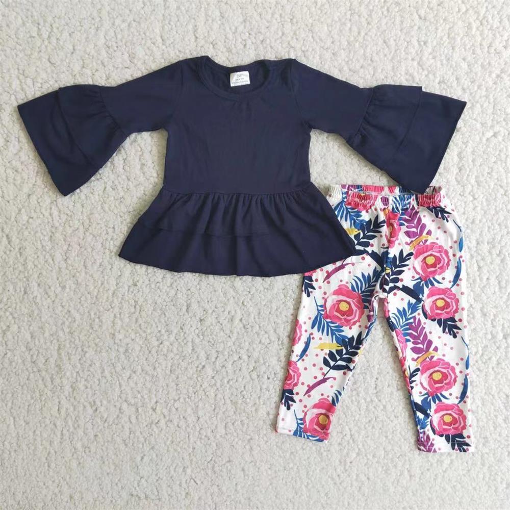 Promotion Baby Girl Long Sleeves Navy Cotton Tops Floral Pants Outfit