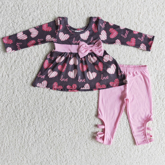 Promotion 6 A26-29 Baby Girls Long Sleeves Valentine's Day Hearts Tunic Pink Pants Set