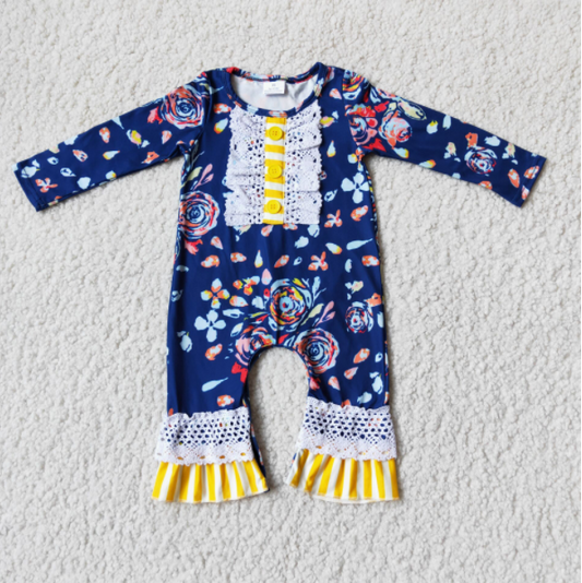 Promotion Baby Girls Long Sleeves Flower Ruffle Blue Romper
