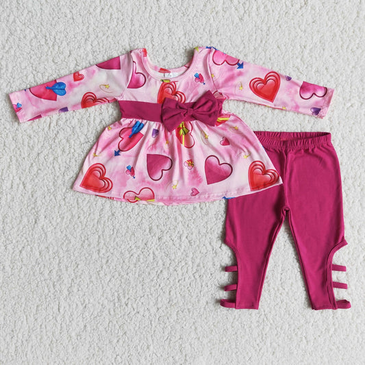 Promotion 6 A27-15 Baby Girls Long Sleeves Valentine's Day Hearts Tunic Cotton Pants Set