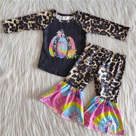 Promotion Baby Girl Long Sleeves Pumpkin Leopard Bell Pants Outfit