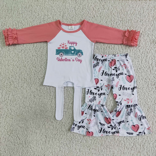 Promotion 6 A27-27 Valentine's Day Baby Girl Long Sleeves Truck Hearts Shirt Bell Pants Set