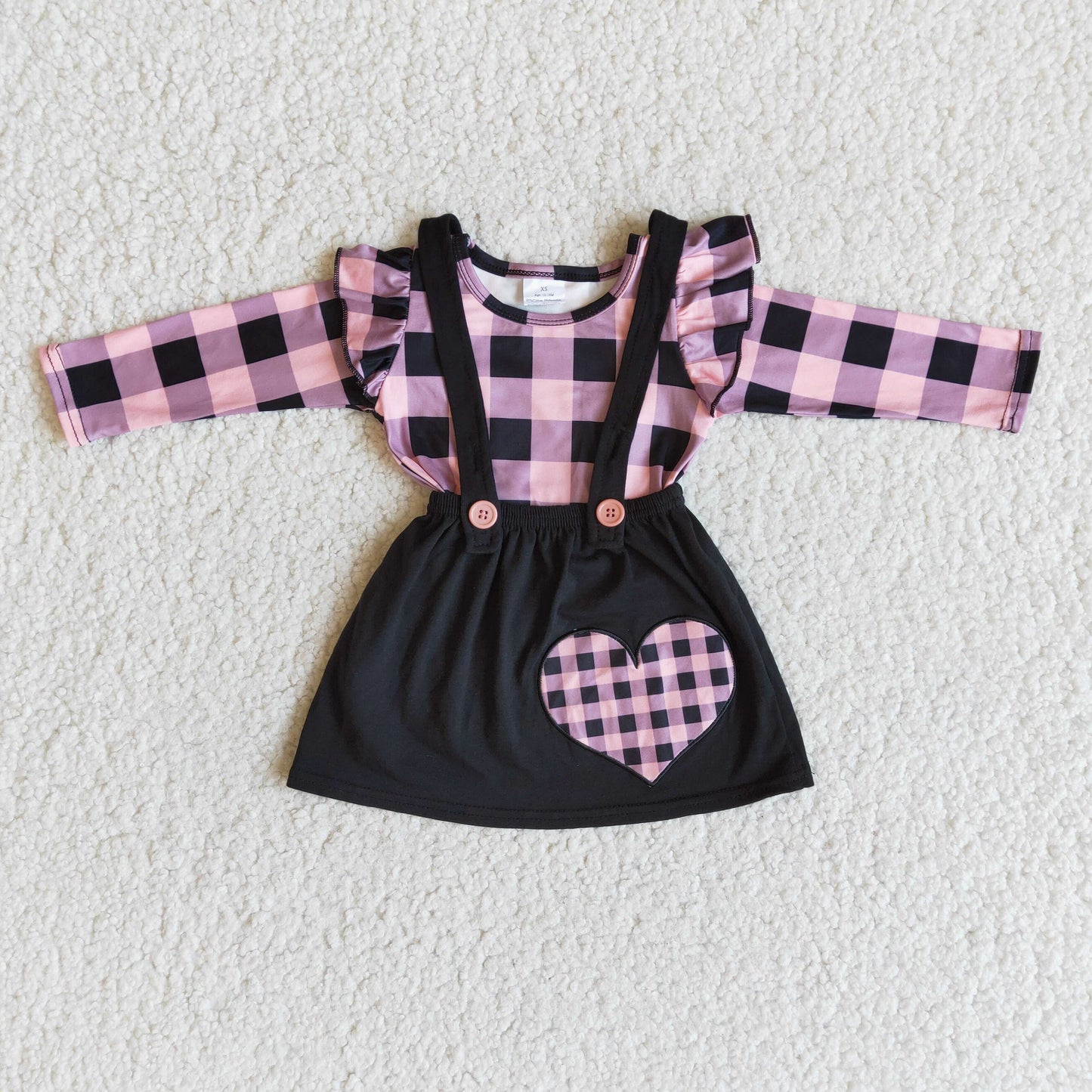 Promotion Baby Girl Long Sleeves Plaid Shirt Embroidery Valentine's Heart Suspender Skirt Set RTS