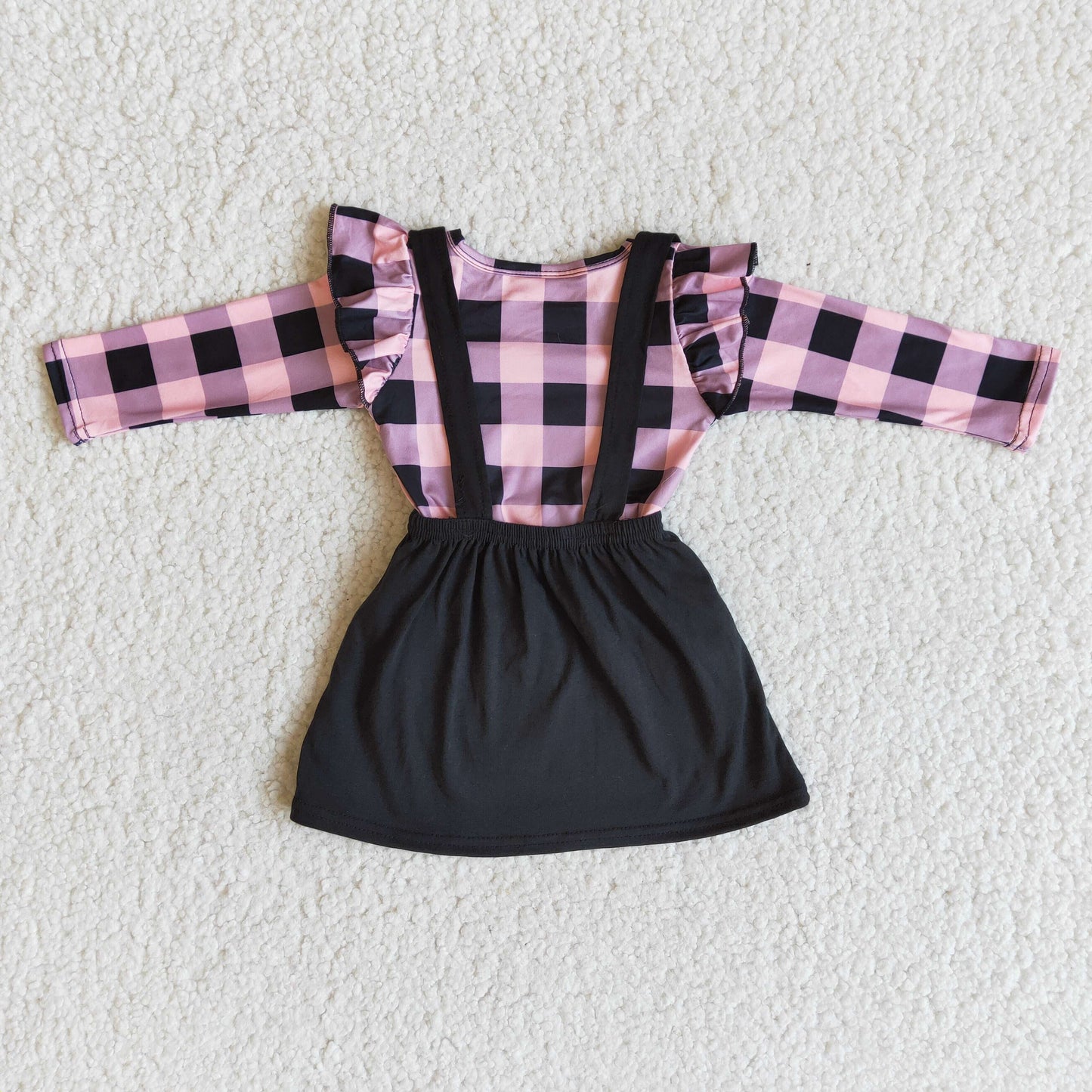 Promotion Baby Girl Long Sleeves Plaid Shirt Embroidery Valentine's Heart Suspender Skirt Set RTS