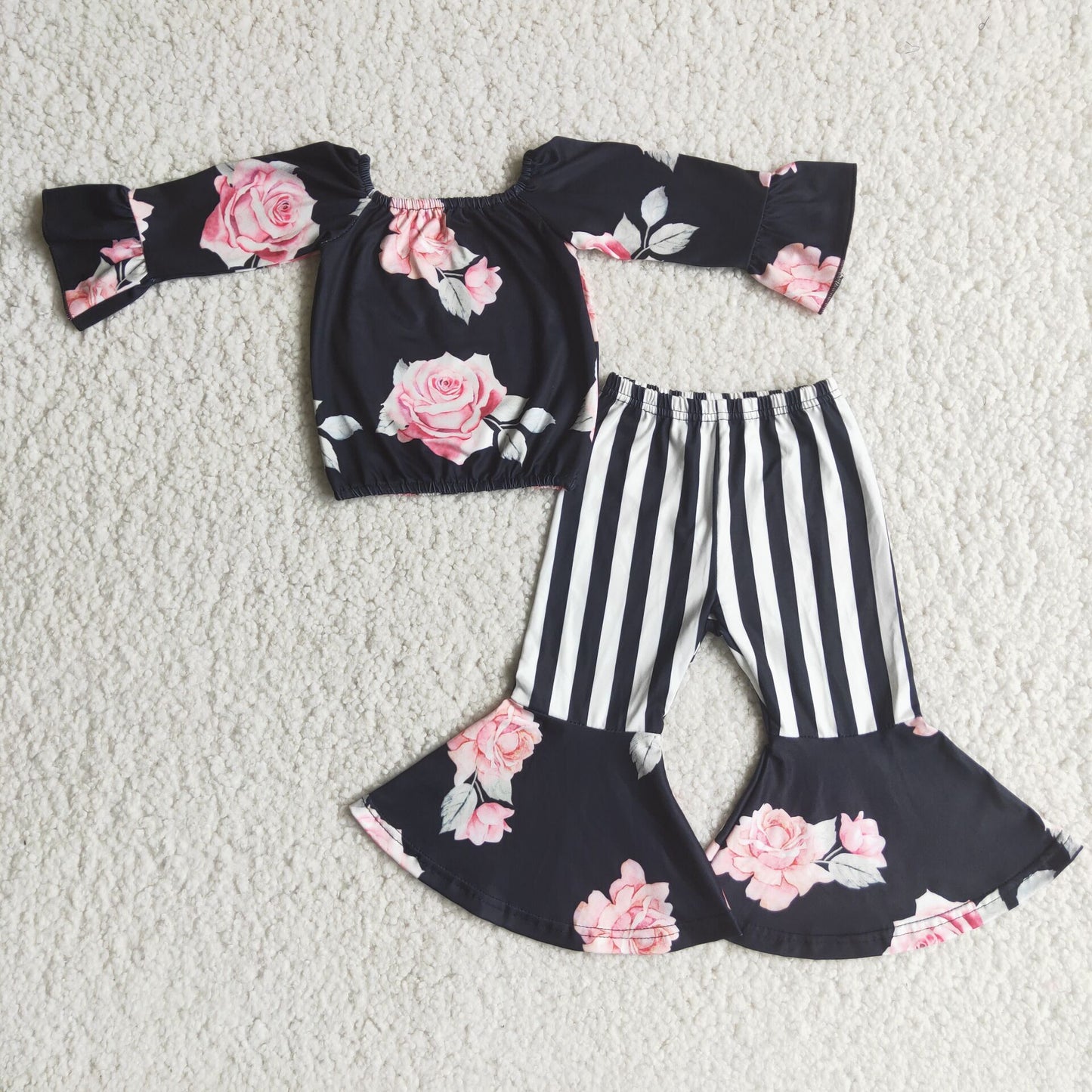 Promotion Baby Girl Long Sleeves Floral Shirt Stripes Bell Pants Outfit