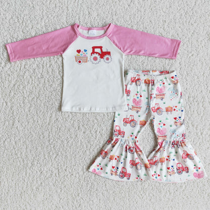 Promotion 6 A29-30 Valentine's Day Baby Girl Long Sleeves Tractor Hearts Shirt Bell Pants Set