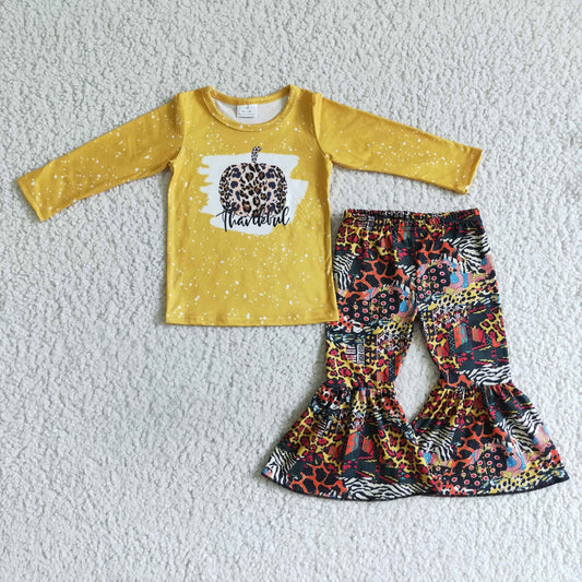 Promotion Baby Girl Pumpkin Thankful Leopard Bell Pants Thanksgiving Fall Outfit RTS