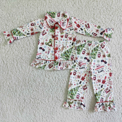 Promotion 6 A3-29 Christmas Baby Girl Long Sleeves Button Up Gingerbread Cartoon Cardigan Pants Outfit Pajamas