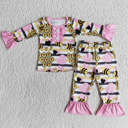 Promotion 6 A31-2 Baby Girl Valentine's Day Long Sleeves Bee Hearts Shirt Pants Set Pajamas