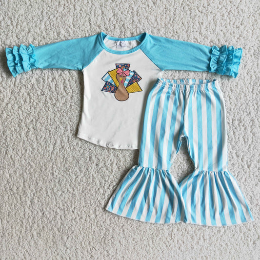 Promotion Baby Girl Long Sleeves turkey Blue Stripes Bell Pants Thanksgiving Set RTS