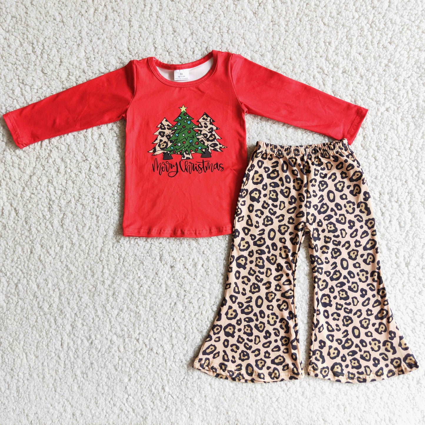 Promotion Baby Girl Long Sleeves Christmas Tree Red Shirt Leopard Pants Outfit RTS